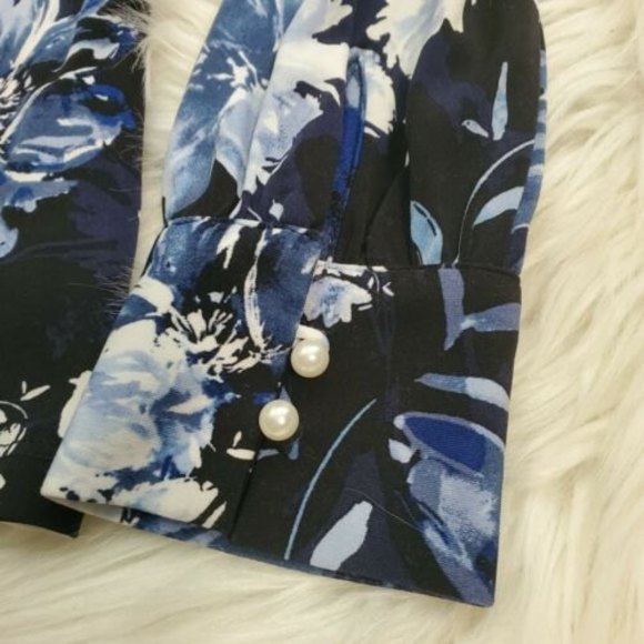 Karl Lagerfeld Paris Womens Floral Mock Turtleneck Blouse Faux Pearl Button S - Picture 6 of 12